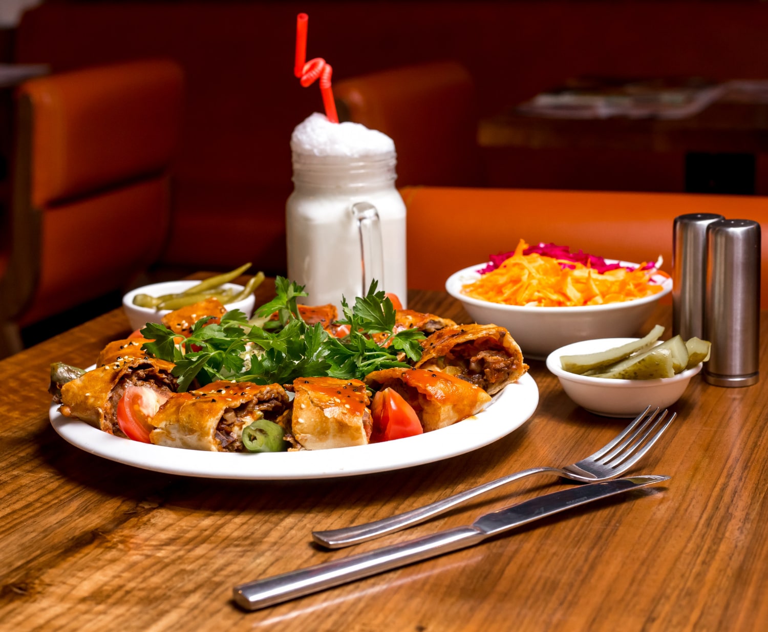 Beyti kebab served with ayran and pickles-min